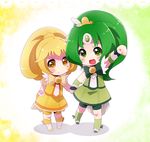  2girls arm_up bike_shorts blonde_hair blush bow bowtie brooch chibi cure_march cure_peace dress gradient gradient_background green_background green_dress green_eyes green_hair hand_holding hiuna_hayami jewelry kise_yayoi long_hair magical_girl midorikawa_nao multiple_girls open_mouth ponytail precure shoes shorts_under_skirt skirt smile smile_precure! star yellow_background yellow_dress yellow_eyes 