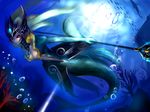  black_sclera breasts bubble cleavage fish forehead_protector highres kumiko_shiba league_of_legends long_hair medium_breasts mermaid monster_girl nami_(league_of_legends) red_eyes solo staff tail underwater water 
