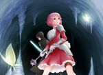  1girl black_eyes black_hair breastplate bug cave coat dress ebiblue gloves hair_ornament hairclip insect kirito lisbeth looking_back mace moth pink_eyes pink_hair sword sword_art_online thigh_strap weapon 