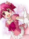  :d alternate_costume blush bow dress elbow_gloves gloves happy hoshizora_miyuki jewelry necklace open_mouth outstretched_hand pearl_necklace pink_bow pink_dress pink_eyes pink_hair precure puffy_sleeves r-king short_hair short_twintails smile smile_precure! solo twintails 
