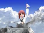  azeruma bangs blouse blush brown_eyes brown_hair cloud cloudy_sky day flag girls_und_panzer ground_vehicle highres long_sleeves military military_vehicle motor_vehicle neckerchief nishizumi_miho ooarai_school_uniform open_mouth outdoors panties panzerkampfwagen_iv school_uniform serafuku short_hair sky smoke solo tank underwear white_blouse white_flag white_panties 