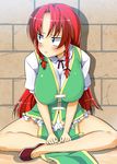  :t blue_eyes braid breasts china_dress chinese_clothes dress hong_meiling large_breasts long_hair no_hat no_headwear pout red_hair shoes sitting solo toudori touhou twin_braids 