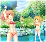  ball baseball_cap beachball bikini blonde_hair blue_eyes forest green_eyes green_sarong hak hat idolmaster idolmaster_cinderella_girls jougasaki_mika jougasaki_rika long_hair multiple_girls nature navel ootsuki_yui pink_eyes pink_hair ponytail sarong snake stream swimsuit twintails two_side_up wading water 