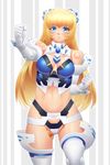  altrene blonde_hair blue_eyes breasts busou_shinki doll_joints elbow_gloves fighting_stance gloves highres large_breasts long_hair masato_(mk) midriff solo thighhighs 