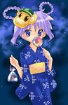  apple bag bagged_fish blue_eyes blue_kimono bonta-kun braid candy_apple character_mask festival fish food fruit full_metal_panic! goldfish highres hiiragi_kagami japanese_clothes kimono lucky_star mask mask_on_head nyanmilla outdoors purple_hair revision solo twin_braids yukata 