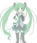  detached_sleeves gotou_nao green_eyes green_hair hair_ornament hatsune_miku headphones headset long_hair microphone necktie open_mouth reaching simple_background skirt solo thighhighs twintails vocaloid white_background work_in_progress zettai_ryouiki 