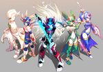  4boys android blue_eyes blue_hair cape copy_x ein_lee energy_sword glowing glowing_eyes harpuia hellbat_schilt helmet leviathan_(rockman) long_hair multiple_boys polearm red_eyes rockman rockman_zero short_twintails spear sword thighhighs twintails watermark weapon web_address white_hair zero_(rockman) 