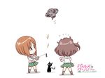  akiyama_yukari bangs black_legwear blouse brown_eyes brown_footwear brown_hair cat chibi controller copyright_name from_behind girls_und_panzer green_skirt hasegawa_takemitsu lightning_bolt long_sleeves messy_hair military miniskirt multiple_girls neckerchief nishizumi_miho ooarai_school_uniform open_mouth pleated_skirt remote_control school_uniform serafuku shoes short_hair skirt smile socks standing ufo white_background white_blouse 