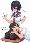  1girl anger_vein angry black_hair blue_eyes blush character_request coupe50 cushion lap_pillow mimikaki open_mouth pantyhose parted_lips photokano sanehara_hikari school_uniform seiza short_hair sitting sweatdrop translation_request 