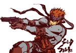  aiming bouzu_atama brown_hair elbow_pads gun handgun headband holster knee_pads load_bearing_vest male_focus metal_gear_(series) metal_gear_solid_2 pistol pouch sneaking_suit solid_snake solo thigh_holster weapon 