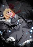  :d blonde_hair danmaku darkness dress fang hair_ribbon massala necktie open_mouth outstretched_arms red_eyes red_neckwear revision ribbon rumia shadow smile solo spread_arms touhou 