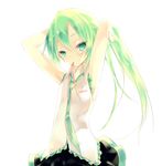 armpits enoki_shiki green_eyes green_hair hairdressing hatsune_miku highres long_hair mouth_hold solo vocaloid 