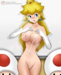  1girl blonde_hair blue_eyes breasts censored crown earrings gloves jewelry lactation large_breasts long_hair mario_(series) milking mokusa nintendo nipples nude princess_peach pussy super_mario_bros. toad 