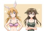  ;) alternate_hairstyle animal_ears blue_eyes blush bow bra breasts brown_eyes brown_hair bunny_ears charlotte_e_yeager cleavage crossed_arms er34skyline gertrud_barkhorn hair_bow hair_down hairstyle_switch highres large_breasts long_hair multiple_girls navel one_eye_closed smile star strike_witches twintails underwear world_witches_series 