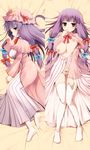  bed_sheet blush breasts breasts_outside crescent dakimakura hair_ribbon hat kujiran large_breasts long_hair lying multiple_views nipples on_back on_side panties patchouli_knowledge pink_panties purple_eyes purple_hair ribbon thighhighs touhou underwear white_legwear 