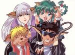  2girls 90s ^_^ animal_ears black_hair blonde_hair bokuseiinmonzeninari_sakura braid cat_ears cat_tail closed_eyes fox_ears fujioka_batanen fujioka_tommy gotou_keiji green_eyes green_hair grin hyper_police jacket long_hair multiple_boys multiple_girls necktie official_art purple_eyes purple_hair sasahara_natsuki_(hyper_police) scan single_braid smile sunglasses tail werewolf white_background 