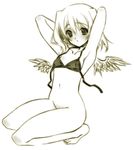  armpits arms_up bikini_top blush bottomless flat_chest macross macross_frontier monochrome ranka_lee senomoto_hisashi solo untied wings 