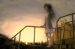  arm_behind_back bad_id bad_pixiv_id brown_eyes brown_hair dusk from_below long_hair looking_at_viewer original railing solo stairs standing yoshidaworks 