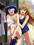  2girls absurdres antenna_hair blonde_hair blue_hair blush breast_grab breasts cameltoe cleavage dressing eyepatch fang grabbing green_eyes highres ikkitousen ikkitousen_dragon_destiny ikkitousen_great_guardians locker_room long_hair multiple_girls naked_towel one-piece_swimsuit open_mouth ryomou_shimei school_swimsuit short_hair skin_tight sonsaku_hakufu swimsuit taut_clothes towel undressing yuri 