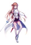  asuna_(sao) bad_id bad_pixiv_id bare_shoulders blush breastplate brown_eyes brown_hair detached_sleeves highres long_hair long_legs pen_(steelleets) sheath smile solo sword sword_art_online thighhighs weapon 