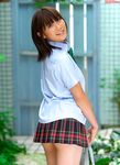  1girl asian ass brown_hair chika_ayane from_behind japanese looking_at_viewer looking_back outdoors photo plaid plaid_skirt pleated_skirt pose posing school_uniform short_hair skirt smile solo standing 