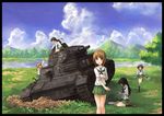  :d :o absurdres akiyama_yukari arm_up bangs black_border black_hair black_legwear blouse blush border brown_eyes brown_footwear brown_hair bucket caterpillar_tracks cloud cloudy_sky day emblem girls_und_panzer grass green_skirt ground_vehicle hairband highres holding isuzu_hana leg_up loafers long_hair long_sleeves looking_at_viewer military military_vehicle miniskirt motor_vehicle mountain multiple_girls neckerchief nishizumi_miho ooarai_(emblem) ooarai_school_uniform open_mouth orange_hair outdoors panzerkampfwagen_iv pleated_skirt reizei_mako running school_uniform screwdriver serafuku shoes short_hair sitting skirt sky sleeves_rolled_up smile socks standing takebe_saori tank toolbox tree wariza white_blouse wrench yinzhai 