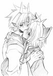  1girl blush brother_and_sister greyscale hug kuon_(shinrabanshou) monochrome pointy_ears senomoto_hisashi setsuna_(shinrabanshou) shinrabanshou short_hair siblings simple_background white_background 