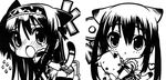  akiyama_mio animal_ears blush cat_ears cat_tail chibi greyscale heart k-on! long_hair looking_at_viewer monochrome open_mouth panties senomoto_hisashi striped striped_panties tail underwear 