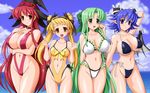  bat_wings bikini blonde_hair blue_eyes blue_hair breasts brown_eyes choker cierra_(riviera) cleavage fia_(riviera) frilled_bikini frills green_eyes green_hair half_updo highleg highleg_bikini highleg_swimsuit highres large_breasts long_hair lyuri_(riviera) multiple_girls navel one-piece_swimsuit pointy_ears rainbow_order raochuu red_eyes red_hair riviera serene_(riviera) shiny shiny_skin short_hair side-tie_bikini slingshot_swimsuit strap_gap swimsuit thigh_gap twintails wings 