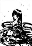  collarbone enma_ai expressionless from_side full_body greyscale highres japanese_clothes jigoku_shoujo kimono long_hair monochrome off_shoulder petals senomoto_hisashi simple_background sitting solo very_long_hair white_background 