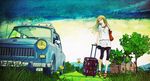  bag blonde_hair car flower glasses grass ground_vehicle highres house light_smile long_hair motor_vehicle redjuice revision road_sign rolling_suitcase sandals sign sky solo star suitcase supercell trabant tree yellow_eyes 
