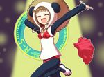  amami_haruka animal_costume bikini blush brown_hair closed_eyes hat hiboshi_daizu hood hoodie idolmaster idolmaster_(classic) panda_costume short_hair solo swimsuit 