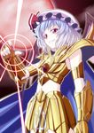  armor bat_wings blue_hair cape full_moon gold_armor gold_saint h-new hat hat_ribbon highres moon nail_polish red_eyes red_moon remilia_scarlet ribbon saint_seiya scorpio scorpio_milo short_hair smile solo touhou wings 