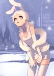  animal_ears bare_shoulders bunny_ears elbow_gloves erjung gloves highres original pink_eyes shawl short_hair snow snowing solo thighhighs white_hair white_legwear 