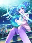  aqua_eyes aqua_hair bad_id bad_pixiv_id blush cityscape floating_hair hatsune_miku long_hair open_mouth revision sitting sitting_on_stairs solo stairs sweater_vest thighhighs umeboshitora vocaloid 