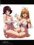  2girls absurdres amano_yoki bare_shoulders barefoot bikini blonde_hair breasts brown_hair cleavage female glasses goei green_eyes highres ikkitousen ikkitousen~eloquent_fist~ long_hair megane midriff multiple_girls open_mouth purple_eyes short_hair smile sonsaku_hakufu swimsuit 