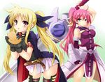  blonde_hair blue_eyes blush breasts cape fate_testarossa faulds fingerless_gloves gauntlets gloves hair_ribbon huge_weapon levantine long_hair lyrical_nanoha magical_girl mahou_shoujo_lyrical_nanoha mahou_shoujo_lyrical_nanoha_a's medium_breasts multiple_girls pink_hair ponytail red_eyes ribbon sen_(astronomy) signum skirt thighhighs twintails weapon 