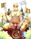  anthro beast biceps big_muscles book chest_tuft clothed clothing fantasy feline fur hair half-dressed magic male mammal muscles pecs solo sword tiger tkfkd5362 topless tuft undertaker warrior weapon 