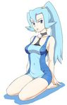  barefoot blue_eyes blue_hair bodysuit earrings gym_leader high_ponytail ibuki_(pokemon) jewelry long_hair lowres mo-mo pokemon pokemon_(game) pokemon_hgss seiza sitting solo 