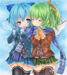  alternate_costume black_legwear blue_eyes blue_hair blush cheek-to-cheek cirno closed_eyes contemporary cuddling daiyousei fairy_wings happy ice ice_wings marker_(medium) mittens multiple_girls pastel_(medium) plaid plaid_skirt scarf shared_scarf shikishi side_ponytail skirt smile snowflakes thighhighs touhou traditional_media wings yukitsuki_kokoro zettai_ryouiki 