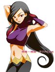  armpits azami_(pokemon) bangs black_hair breasts elbow_gloves frontier_brain gloves hair_flip halter_top halterneck hands_in_hair highlights large_breasts long_hair midriff mo-mo multicolored_hair navel pokemon pokemon_(game) pokemon_emerald pokemon_rse purple_hair red_eyes skin_tight smile solo two-tone_hair 