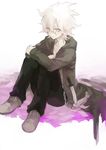  aircraft airplane danganronpa grey_eyes highres hood hoodie jacket knife komaeda_nagito long_hair male_focus money sitting smile solo soto super_danganronpa_2 white_hair 