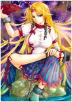  acrylic_paint_(medium) ankle_cuffs blonde_hair breasts broken broken_chain chain collar cuffs cup feet full_body geta highres horn hoshiguma_yuugi large_breasts long_hair marker_(medium) pointy_ears red_eyes sagami sakazuki shackles sitting skirt smile solo toes touhou traditional_media very_long_hair 