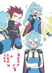  1girl blue_eyes blue_hair blush breast_hold breasts cape cousins crossed_arms earrings gloves gym_leader high_ponytail ibuki_(pokemon) jewelry mo-mo pokemon pokemon_(game) pokemon_hgss red_hair shoulder_pads spiked_hair translated unitard wataru_(pokemon) 
