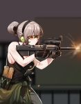  absurdres aiming bangs blurry blurry_background breasts bullpup cleavage clothes_around_waist colored_lenses commentary_request double_bun firing girls_frontline gloves green_jacket gun hair_ornament headphones highres holding holding_gun holding_weapon ihobus jacket jacket_around_waist korean_commentary light_brown_hair magazine_(weapon) medium_breasts one_eye_closed orange-tinted_eyewear p90 p90_(girls_frontline) pants semi-rimless_eyewear shell_casing sidelocks solo submachine_gun sunglasses suppressor tank_top tinted_eyewear weapon 