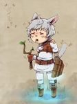  =_= animal_ears bad_id bad_pixiv_id belt boots d: final_fantasy final_fantasy_xiv gloves grey_hair miqo'te nukomasu open_mouth shield solo stick tail thighhighs 