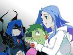  2girls anger_vein beast_boy_(dc) blush breast_press breasts cape dc_comics dual_persona forehead_jewel gloves green_skin hug jealous jewelry long_hair magic multiple_girls nemurism pale_skin raven_(dc) short_hair teen_titans 