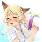  animal_ears bad_id bad_pixiv_id blonde_hair blue_eyes comic fangs final_fantasy final_fantasy_xi mithra nukomasu one_eye_closed shirt simple_background solo water water_gun wet wet_clothes wet_shirt white_background 
