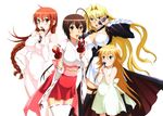  4girls absurdres blonde_hair blue_eyes brown_eyes brown_hair female glasses green_eyes highres kusano long_hair matsu_(sekirei) microphone multiple_girls musubi official_art orange_hair ponytail red_hair sekirei simple_background tsukiumi white_background 