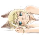  animal_ears bad_id bad_pixiv_id bangs blonde_hair blue_eyes comic final_fantasy final_fantasy_xi hair_strand lying mithra nukomasu on_side pout simple_background solo swept_bangs upper_body white_background 